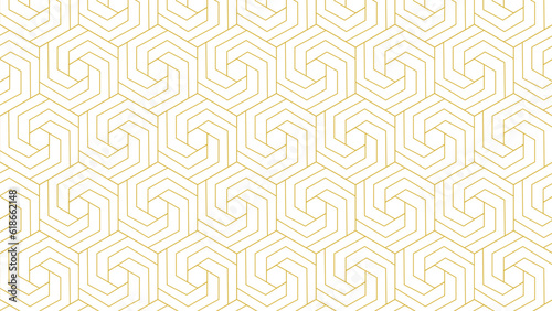 Seamless golden outline hexagon pattern, abstract geometric swirl hexagonal frames on white background. Vector illustration