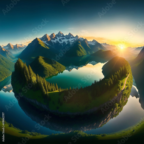 Concept of green planet showing the environment with trees, grass and lake on cloudy sky background. Digital painting illustration created with Generative AI technology.