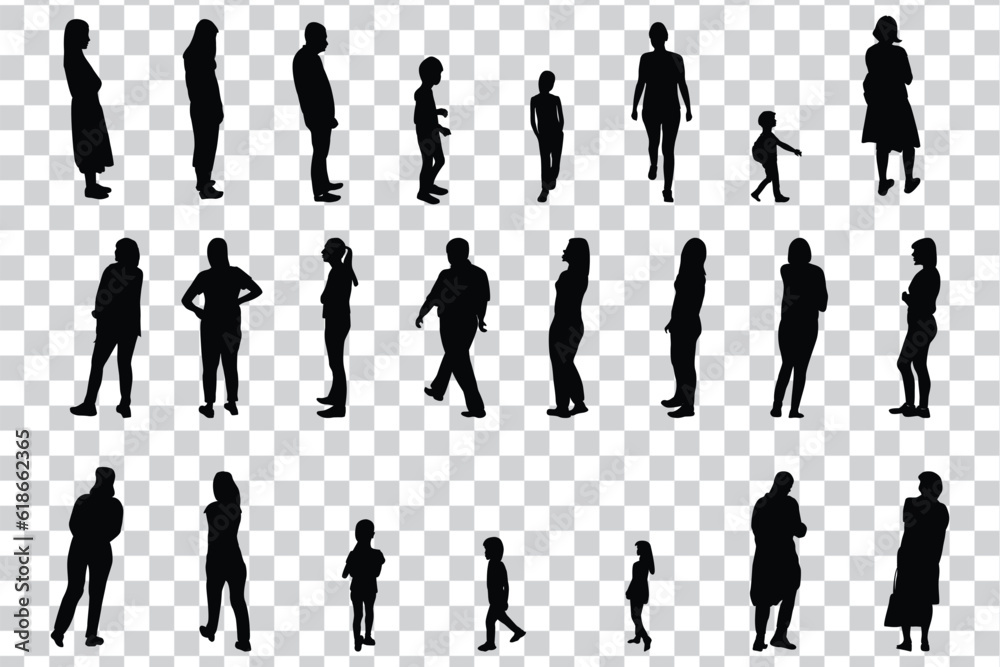 Set Of Black And White Silhouette Walking People