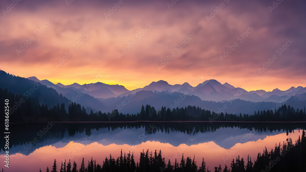 a serene mountain landscape at dawn