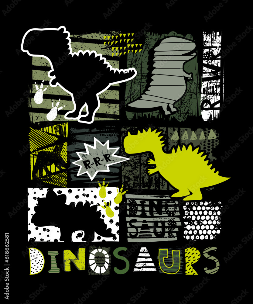 Illustration for t-shirts with colorful hand drawing dinosaurs. Design for little boys