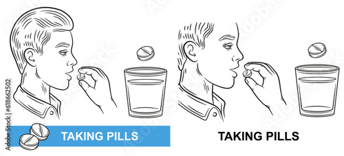 Sick man taking pill medicine, medication time, patient hold medical drug tablet in hand near mouth line icon. Dose pharmacy medicament for health care, disease treatment. Glass of drink water. Vector
