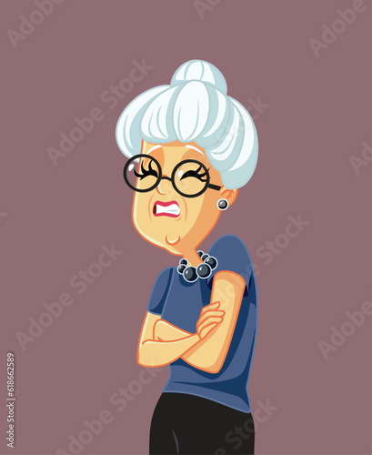 Unhappy Elderly Lady Feeling Frustrated and Stressed-out Vector Cartoon. Senior woman suffering from anxiety and physical pain
