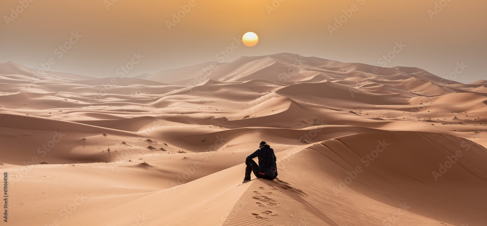 A person sitting in the Erg Chebbi desert in the African Sahara - obrazy, fototapety, plakaty 