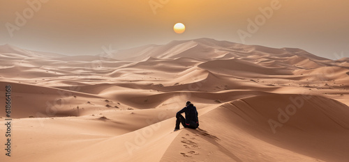 A person sitting in the Erg Chebbi desert in the African Sahara