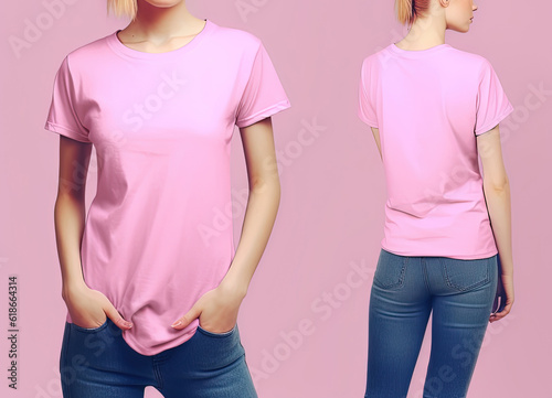 Photo realistic female pink t-shirts with copy space, front, and back view