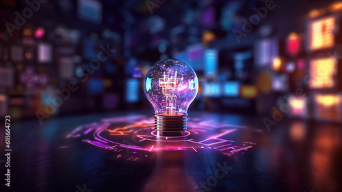Futuristic lightbulb in neon environment
