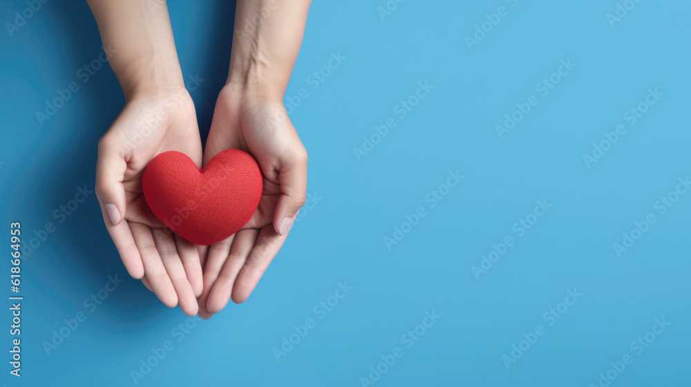 Symbol of Love. Hands Holding a Red Heart on a Blue Background. AI Generative Symbol of Love. Hands Holding a Red Heart on a Blue Background. AI Generative