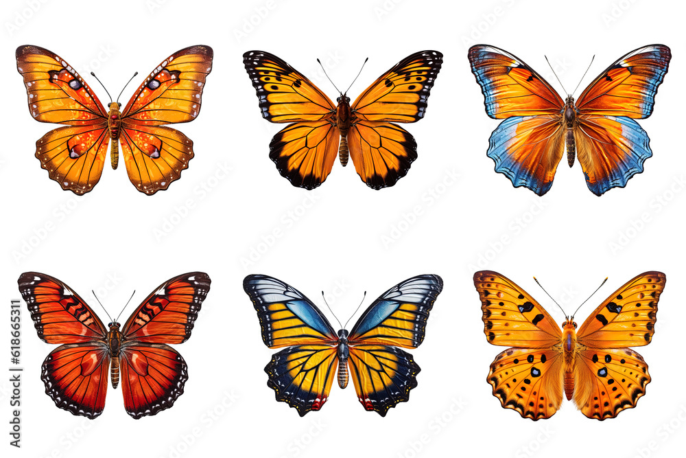 Collection of multicolored butterflies isolated on transparent background Collection of multicolored butterflies isolated on transparent background