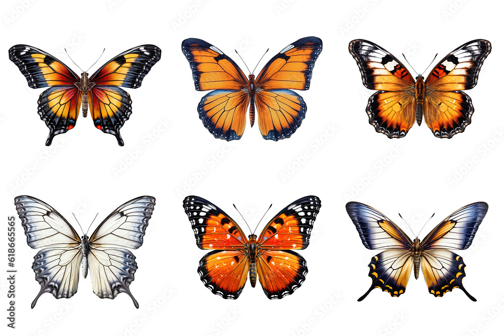 Collection of multicolored butterflies isolated on transparent background Collection of multicolored butterflies isolated on transparent background