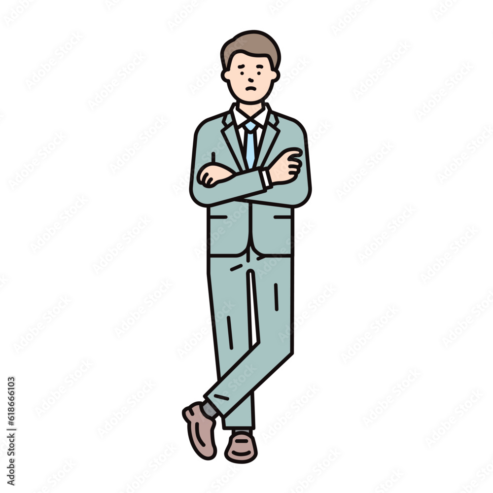 腕組みをして考えるスーツを着た男性のビジネスパーソンのイラスト素材