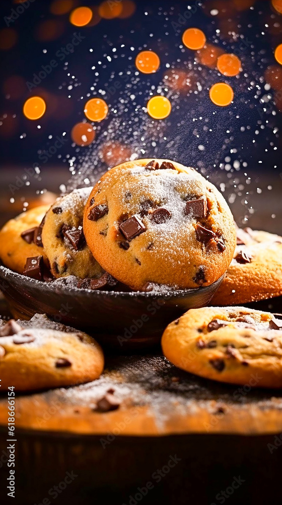 Chocolate chip cookies sprinkled with powdered sugar on a wooden background.
