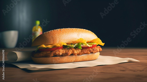 hamburger on wood table with copy space for your text.