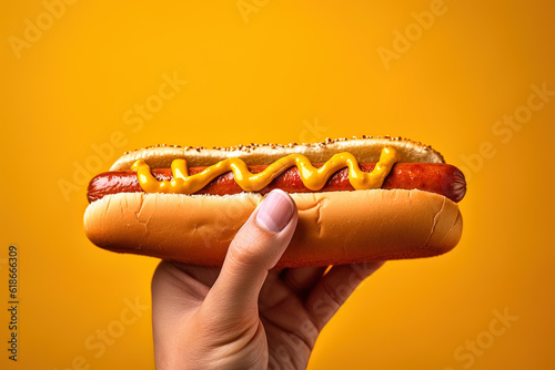 Hand holding tasty hot dog on a yellow background