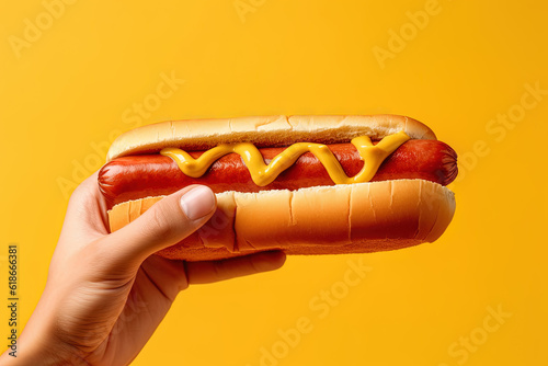 Hand holding tasty hot dog on a yellow background