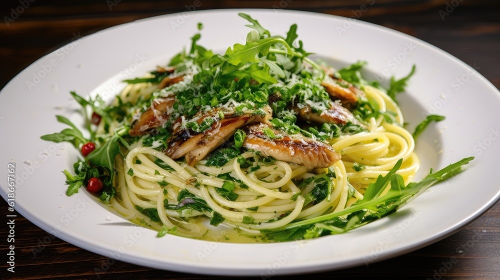 Spaghetti in sardines, garlic, sauce with arugula