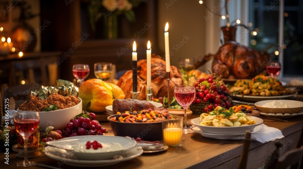 A delicious feast ready for Thanksgiving or Christmas. Generative AI. 