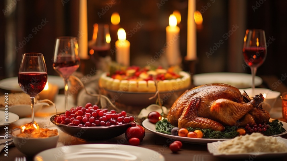 A delicious feast ready for Thanksgiving or Christmas. Generative AI. 
