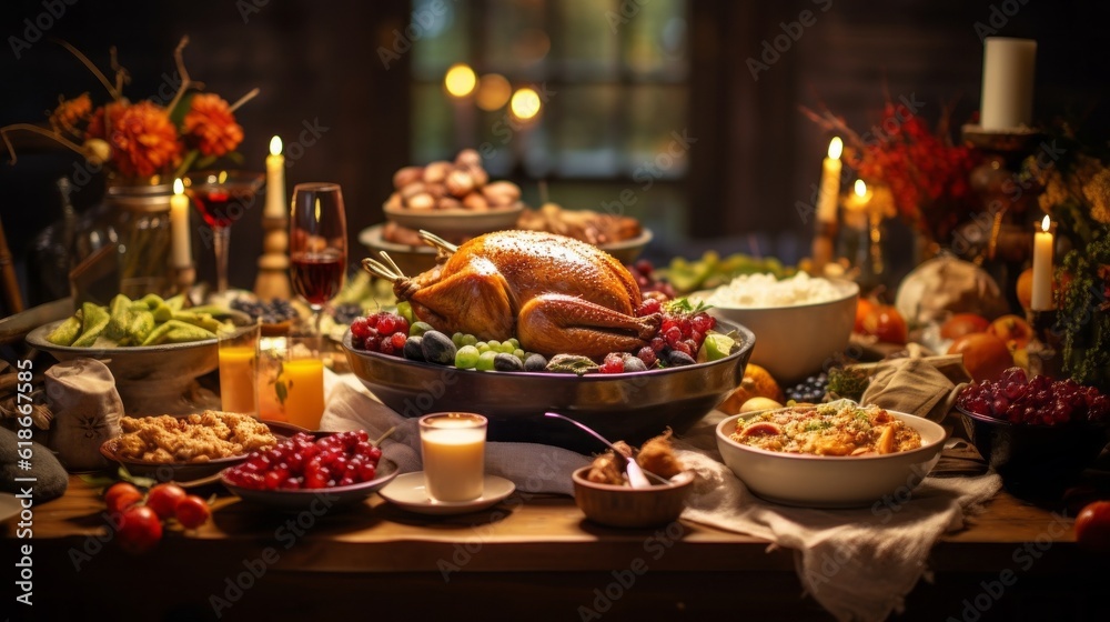 A delicious feast ready for Thanksgiving or Christmas. Generative AI. 