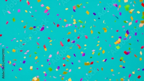 Colorful confetti falling down with a teal background