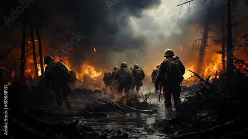 Soldiers from behind walk through a  muddy, wet, flooded area in the dark of night. Fire, rain and smoke paint a somber mood, D-Day-like war scene, generative AI photo
