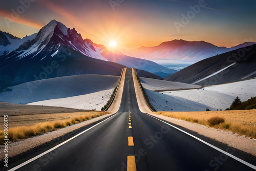 Road between beautiful hills, mountains, snow and desert, Created with AI tool
