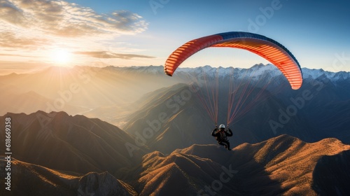 adventurous scene of paragliding in the mountains - people photography