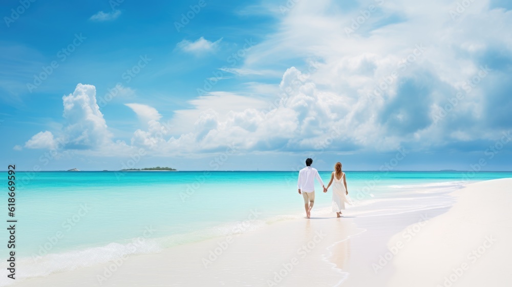 Walking together over a white sandy beach - people photography