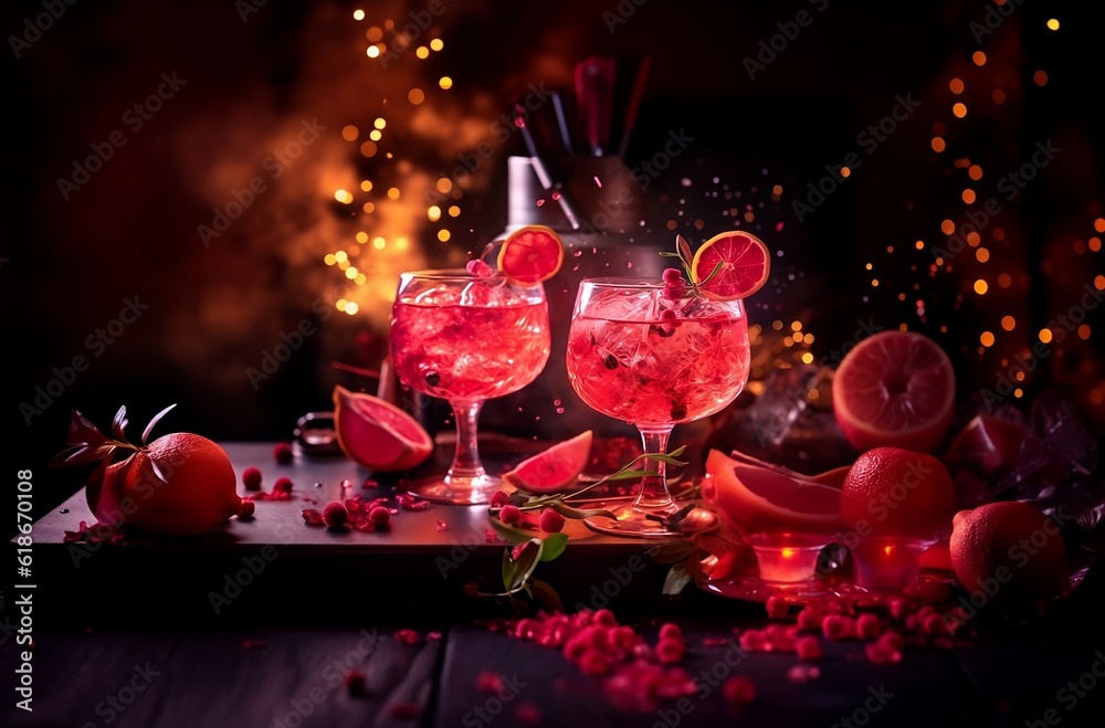 Cocktail drinks on table signature drink with lemon on a bar counter Cocktail drinks on table signature drink with lemon on a bar counter