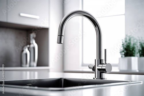Close-up of a kitchen faucet. Modern kitchen interior design concept. AI generated  human enhanced