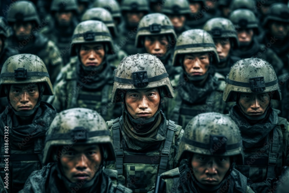 Portrait of an Asian military man in the ranks with selective focus. AI generated, human enhanced Portrait of an Asian military man in the ranks with selective focus. AI generated, human enhanced