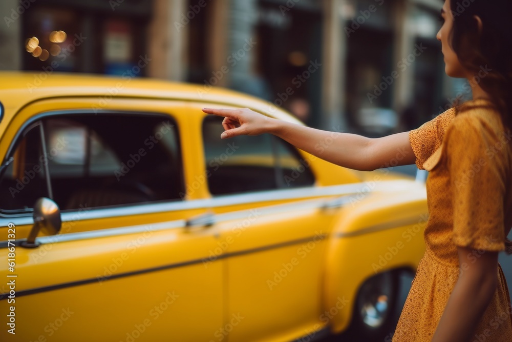 A woman hails a taxi on the street. AI generated, human enhanced A woman hails a taxi on the street. AI generated, human enhanced