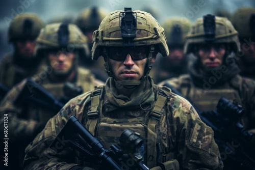 Portrait of an American soldier in the ranks with selective focus. AI generated, human enhanced