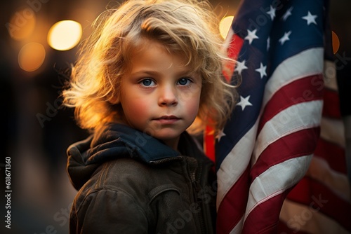 A child with the US flag at the celebration of the Independence Day of the United States of America photo
