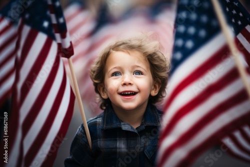 A boy with the US flag at the celebration of the Independence Day of the United States of America photo