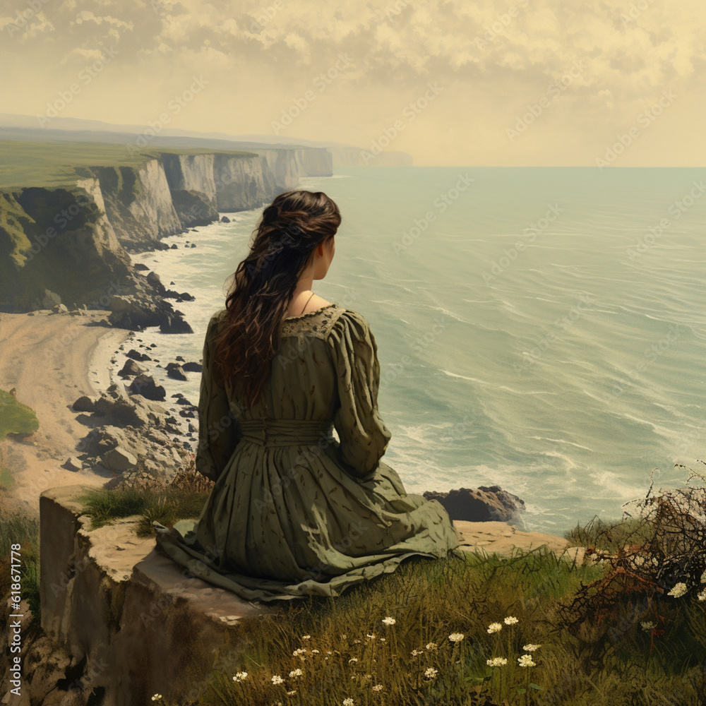 Woman sitting on the beach mountain Woman sitting on the beach mountain
