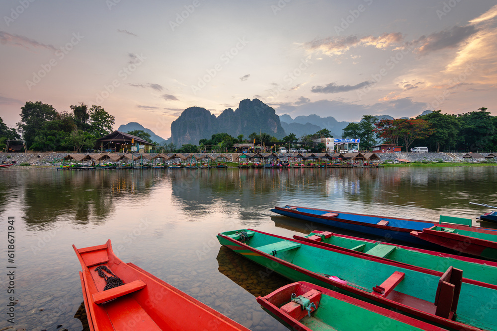 view of nam song river crossing by vang vieng town, laos