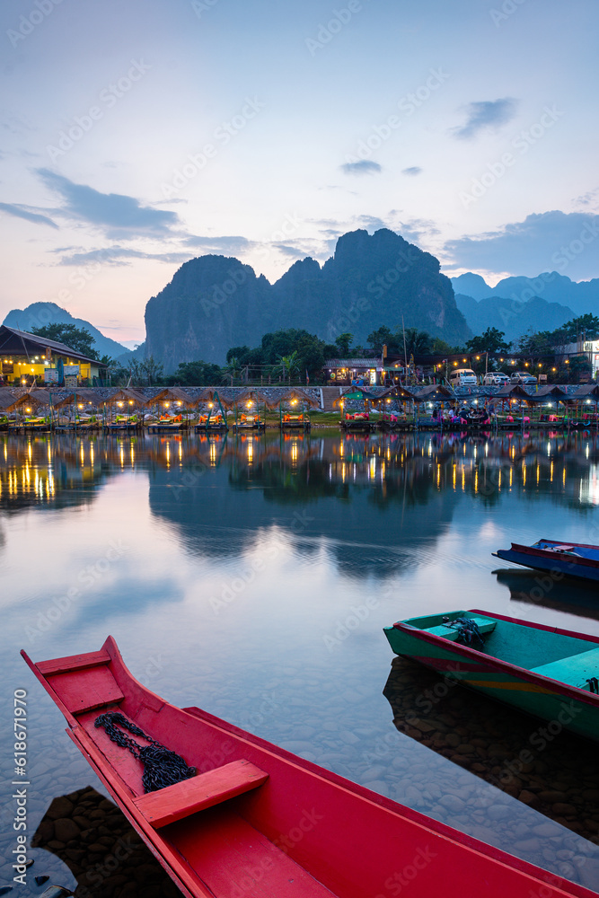 view of nam song river crossing by vang vieng town, laos