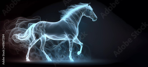 white horse in smoke with neon. Banner. Wallpaper. created by AI