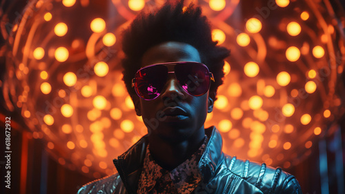 Neon Echoes: Afrofuturism-Inspired Man Embracing Techpunk Aesthetic photo