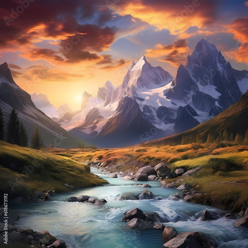 The serene beauty of a picturesque mountain landscape at sunrise, showcasing the vibrant colors of the sky and the majestic peaks in the background. Illustrative AI 