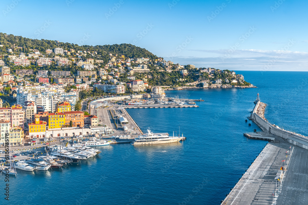 Panorama of Nice city Harbor on a sunny day at French Riviera, Cote D azur, France Summer vacation concept.