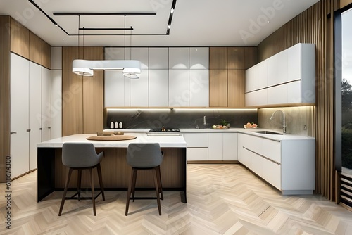 Interior design of contemporary minimal kitchen with marble top and cupboards with appliances and basin  white walls and shelves with bottles.