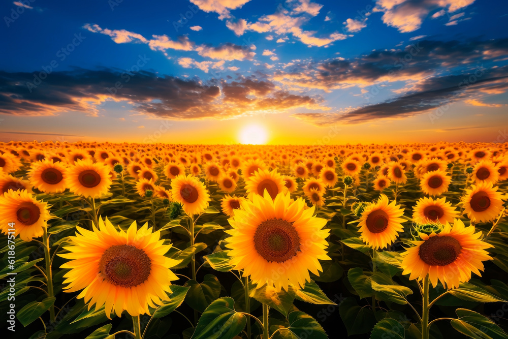 Obraz premium Fields of blooming sunflowers. Generative AI