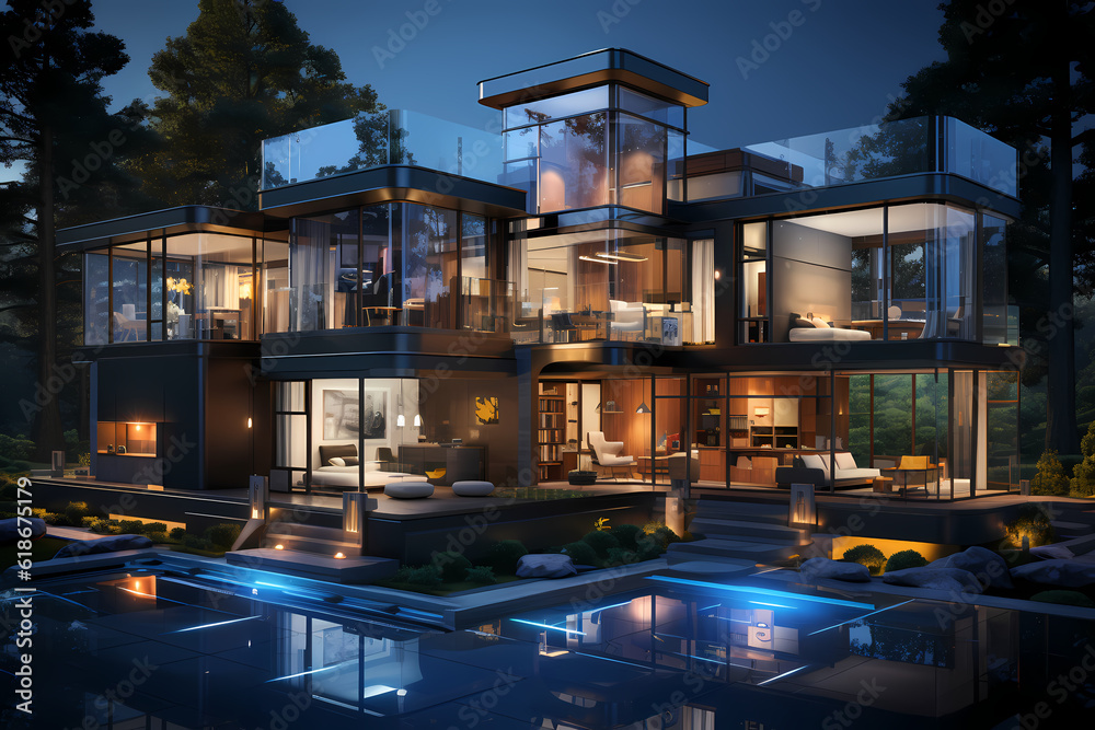 Cutting-edge technology of a futuristic smart home, highlighting the integration of smart devices and automation, capturing the convenience and innovation. AI illustrations 