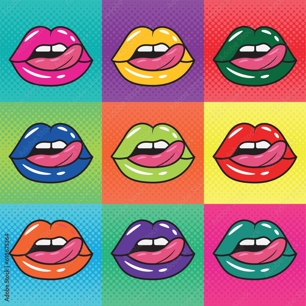 Collection of colored pop art comic lips Vector