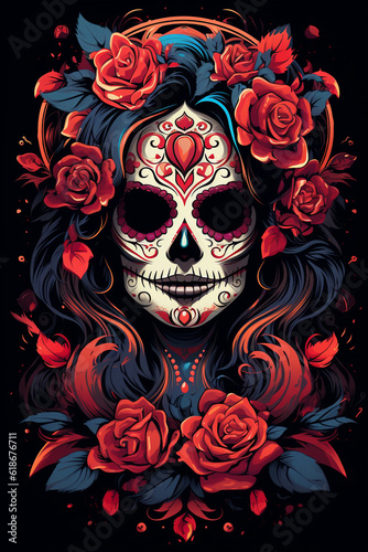 La Catrina dia de muertos Figur mit Maske / Make-up. Dekoriert mit Blumen. Tag der Toten in Mexico. Hochkant. Hochformat. Generative Ai.