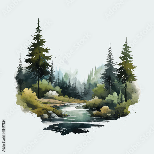 an illustration of the forest with trees and water