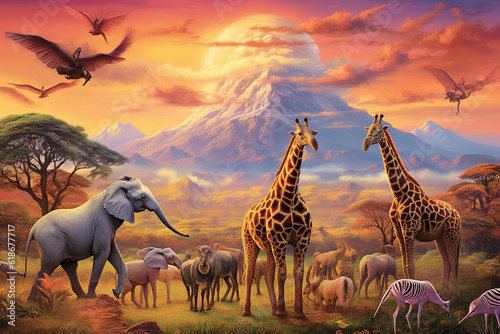 a group of African animals in the zoo 3d rendering AI generative 