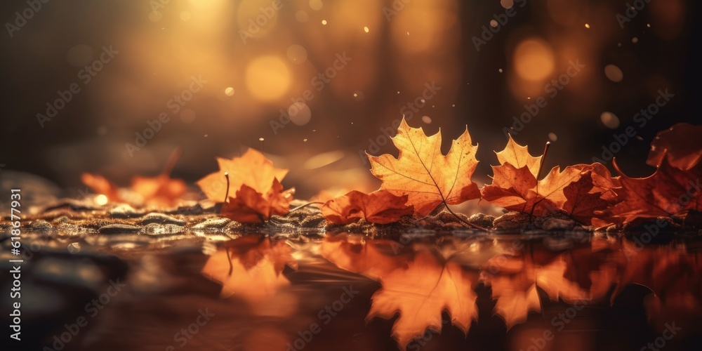 web banner design for autumn season and end year activity with red and yellow maple leaves with soft focus light and bokeh background - obrazy, fototapety, plakaty 